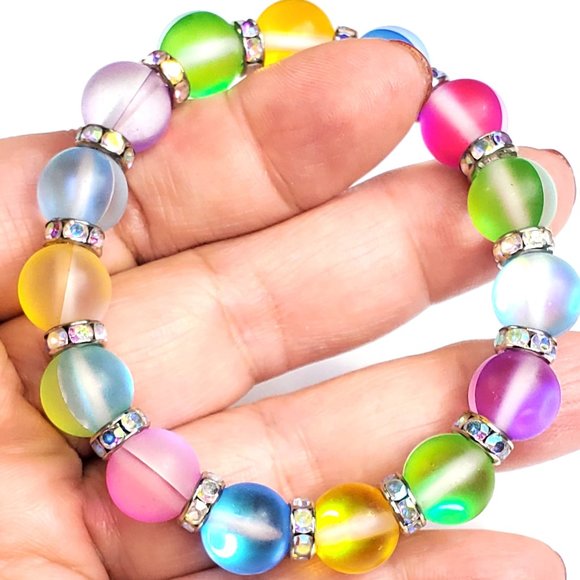 Multi Color Mat Glass Mermaid Beaded Stretch Bracelet - Picture 6 of 10